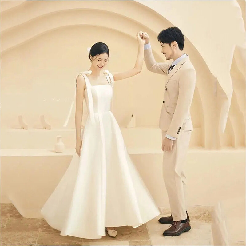Elegant Satin Wedding Dress Korea Square Collar Spaghetti Bow Straps Bridal Gown Open Back Bride Dresses Custom Made 2024