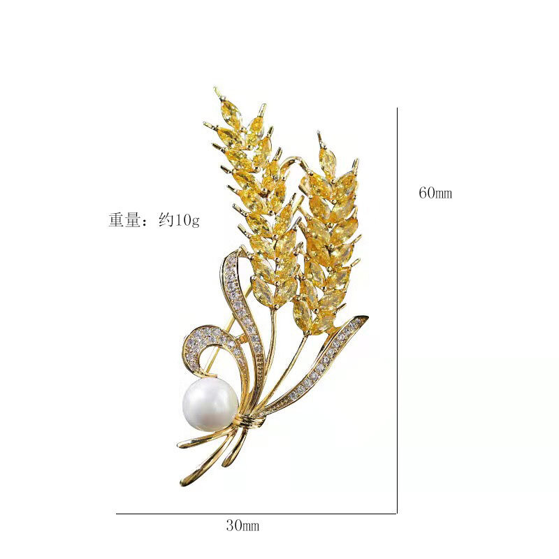 Bros telinga gandum emas klasik, dengan tatahan mikro sederhana warna zirkon, Aksesori mantel korsase gaun mewah