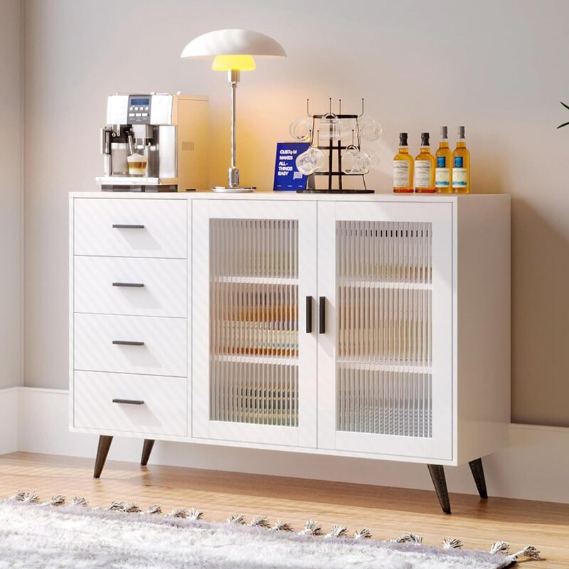 Sideboard Buffet Cabinet,Storage Cabinet with 4 Drawers 2 Tempered Glass Doors, Bar Cabinet with Adjustable Shelves,