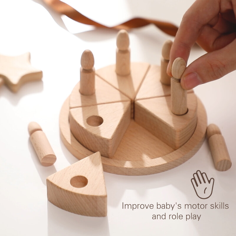 Let 'S Make เด็กจำลองเค้กวันเกิดไม้ Toy Beech พาเลทอาหารตัดเค้ก Montessori ของเล่นสำหรับเด็ก
