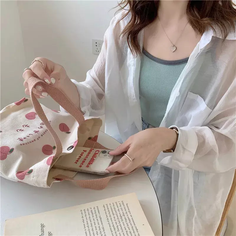 Gce4 kleine Leinwand Frauen Einkaufstasche japanische Pfirsich Hand Lunch Bag koreanische Mini Student Handtaschen Baumwoll tuch Picknick