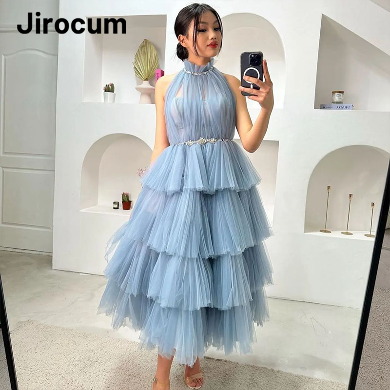Jirocum a-line tiulowa suknie na bal maturalny bez rękawów damska na szyję warstwowa plisowana wieczorowa suknia balowa kostka formalna okazja sukienka 2024