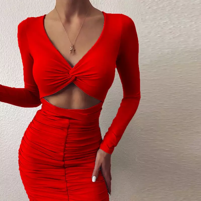 2024 spring and autumn new women's deep V-neck backless sexy bag hip skirt hollow pleated fashion dress MYC14-3