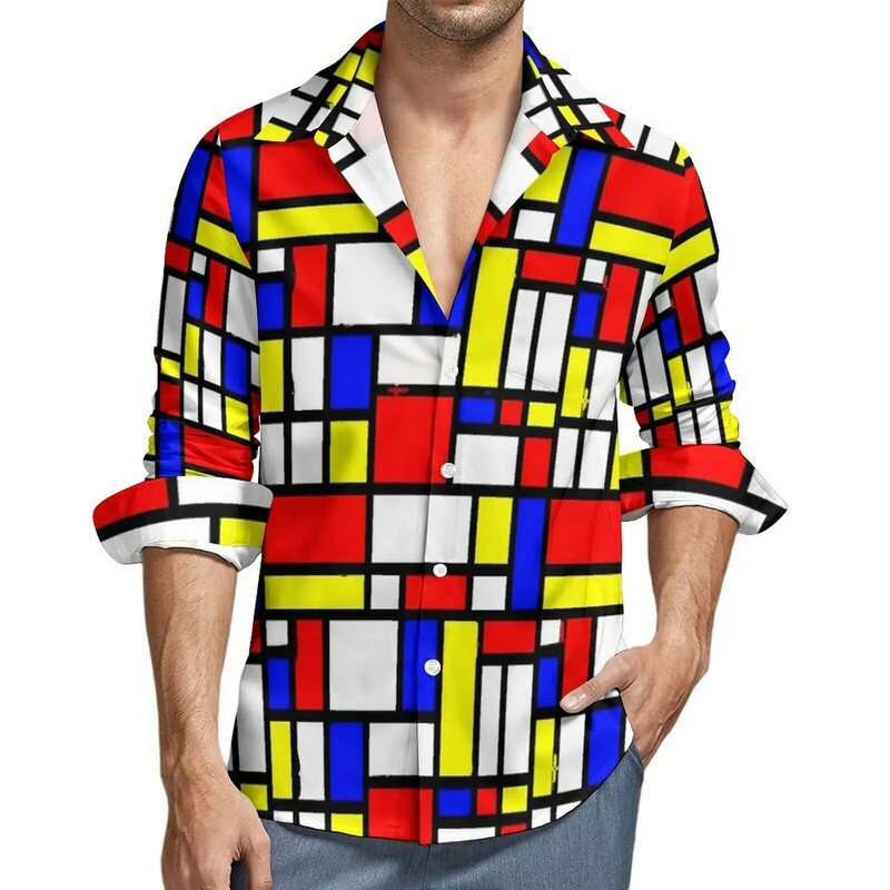 Рубашка с геометрическим принтом в стиле пэчворк, цветные блочные повседневные рубашки, блузки с длинным рукавом и графическим принтом в стиле Харадзюку, Осенний Свободный Топ оверсайз