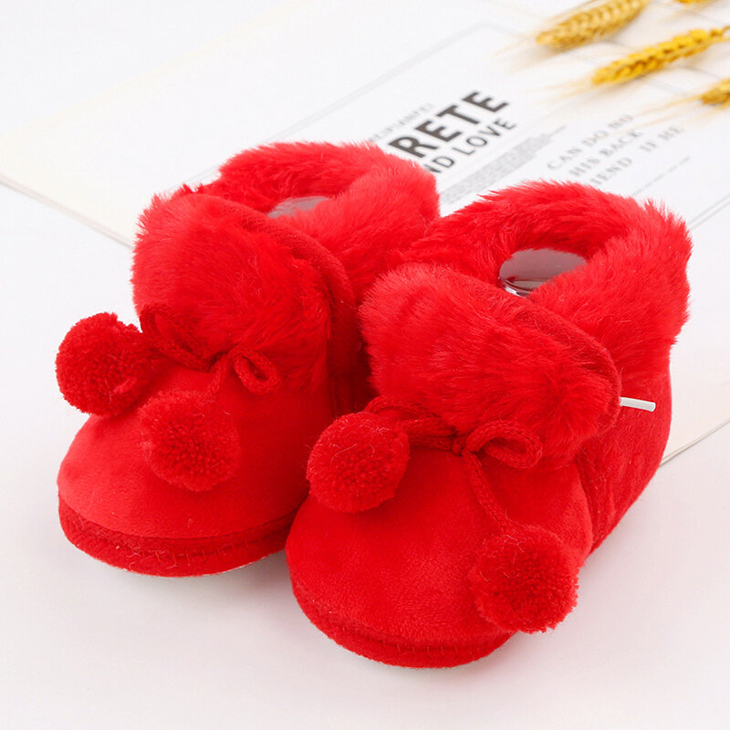 Plush Bobble decorado botas de neve para bebê infantil, First Walker Shoes, quente, inverno