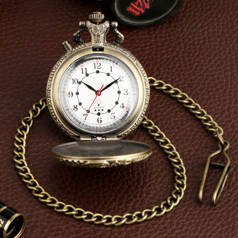 นาฬิกาควอตซ์แบบพกพาสไตล์เรโทรพังค์นาฬิกาสร้อยคอวินเทจสำหรับผู้ชายไฟ LED เรืองแสงอารบิกแสดงรถไฟสีบรอนซ์