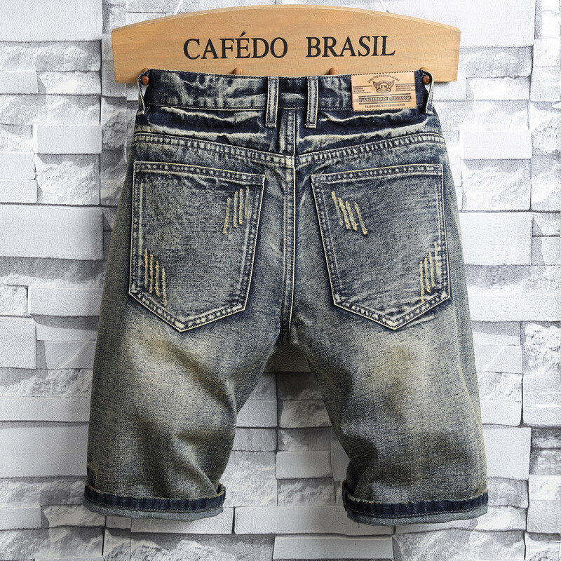 Męskie jeansy kolano długość Vintage poszarpane szorty lato nowa brazylia moda Streetwear Casual Slim Fit spodnie denimowe męskie markowe ciuchy