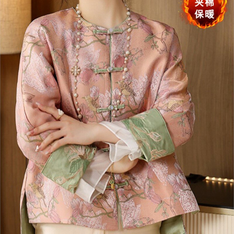 Casaco de algodão acolchoado fino bordado feminino, parte superior de manga comprida, gola redonda, combinação de cores, curling, botão de nó, chinês, novo