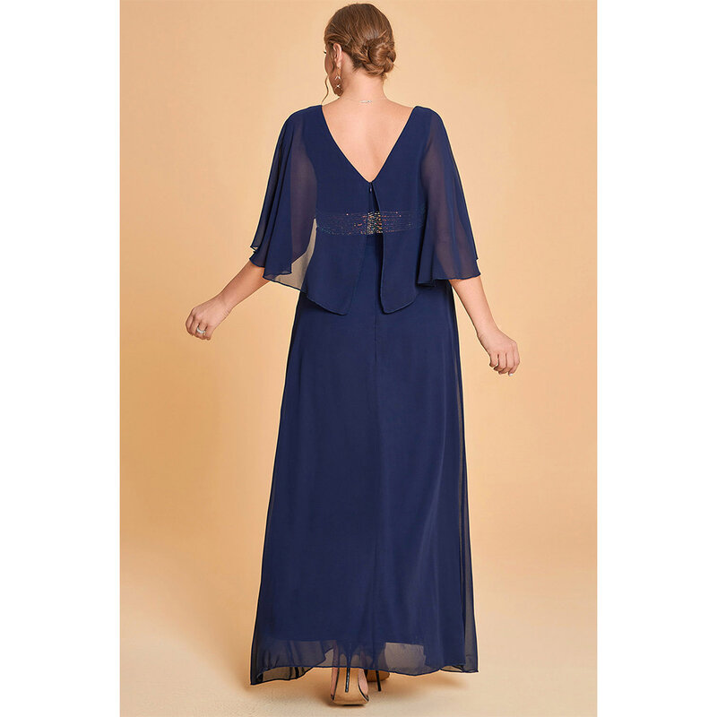 Vestido largo de gasa con cuello en V para madre de la novia, Túnica plegable con lentejuelas decorativas, azul marino, talla grande