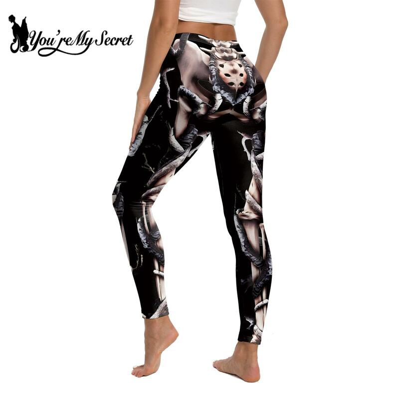 [You're My Secret] Halloween Black Skeleton 3D Printed Women's Pants Casual Clothing Trousers Slim Leggings High Waist Leggings