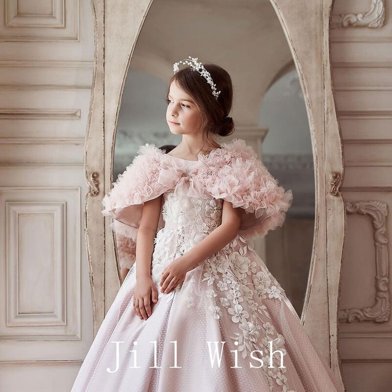 Jill życzy luksusowej eleganckiej różowej sukience dla dziewczynek aplikacje peleryna z koralikami suknia księżniczki dzieci wesele komunia Quinceañera 2024 J164