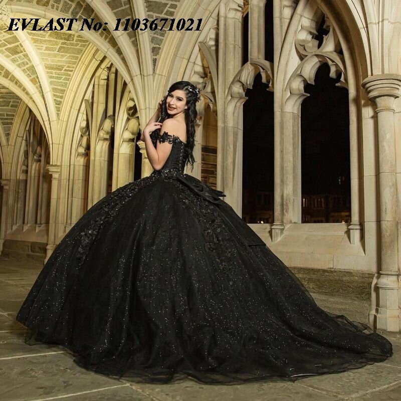 EVLAST Glitter Black Quinceanera Dress Ball Gown Shiny Lace Applique Beading Mexico Corset Sweet 16 Vestidos De XV 15 Anos SQ34