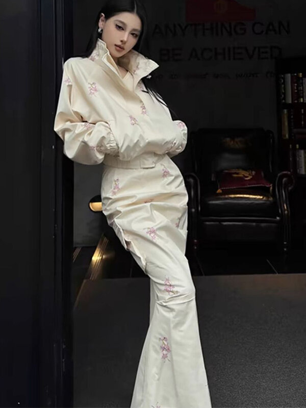 High Quality Casual 2 Piece Sets Print Korean Loose Jacket Short Coat High Waist Long Skirt Female Fashion Streetwear