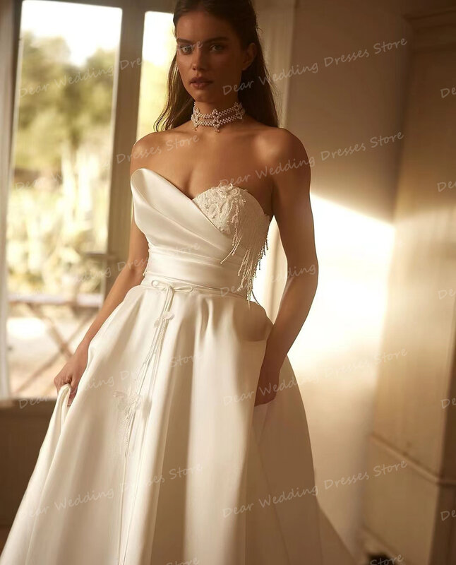 Gaun pengantin tanpa tali cantik gaun pengantin Satin tanpa lengan Satin seksi A Line untuk wanita gaun pengantin putri Satin punggung terbuka