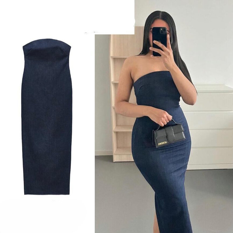 2024 Sexy senza spalline Backless Zipper Split Dress Party Blue Denim abito lungo femminile per le donne abiti da sera estivi