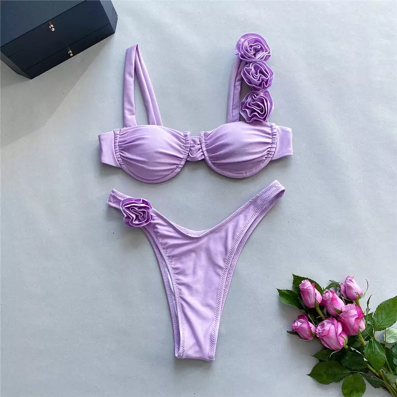 Bikini rosa brillante con flores para mujer, bañador Sexy con Push-Up, traje de baño con aros de corte alto, conjunto de Bikini arrugado 2024