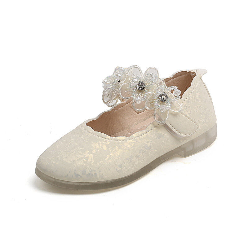 Sepatu dansa bunga lucu anak-anak, sepatu putri berlian imitasi berkilau Mode Korea untuk pesta pernikahan anak-anak