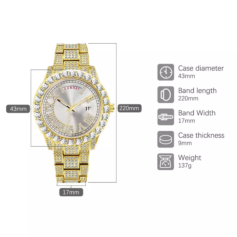 18K Gold Plated Watch Men Hip Hop Iced Out Mens Watches female Luxury Aaa Diamond Quartz Wristwatch women Dual Calendar relogio