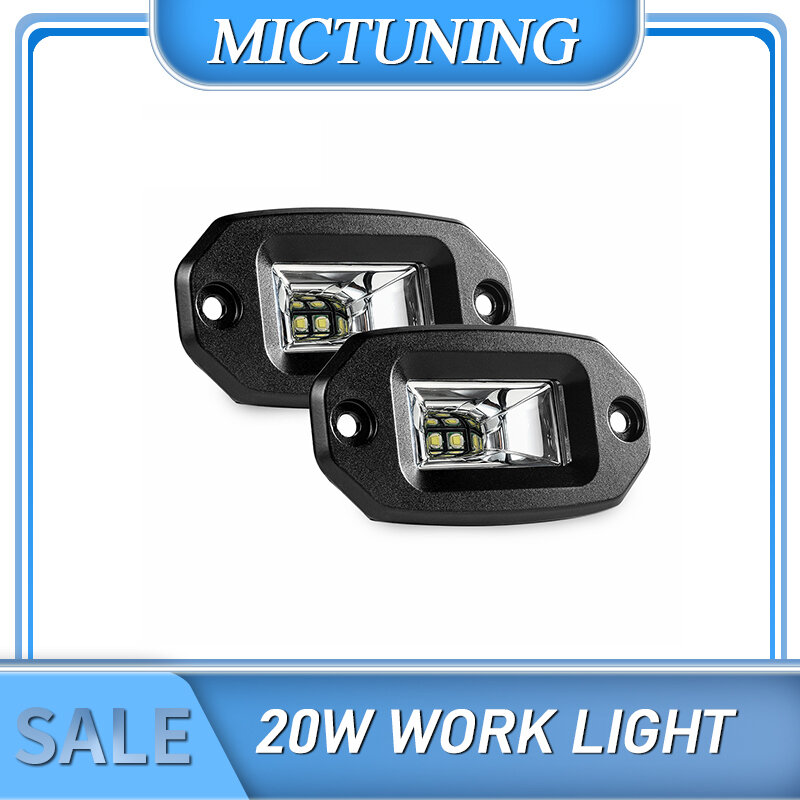 MICTUNING 2Pcs 20W LED Work Light Bar Flush Mount LED น้ำท่วม Offroad ขับรถอัตโนมัติหมอกโคมไฟสำหรับ4X4รถจี๊ป ATV UTV SUV รถบรรทุก