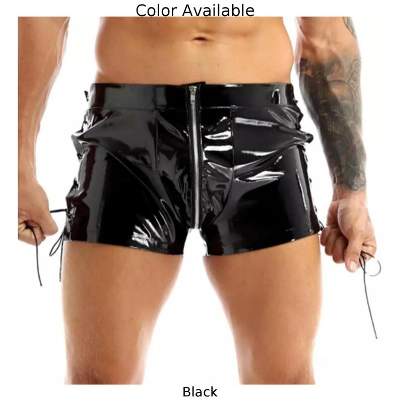 Fashion Nightclub Party Men Boxer Male Smooth Solid Color Specular Strap Underwear Wet Look Zip Black Comfortable
