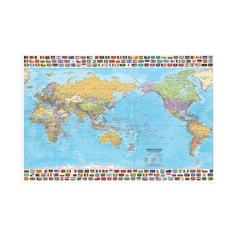 Perlengkapan sekolah dekorasi dinding latar belakang artistik 100*70cm, peta dunia kain non-tenun dapat dilipat dalam bahasa Inggris dengan bendera negara