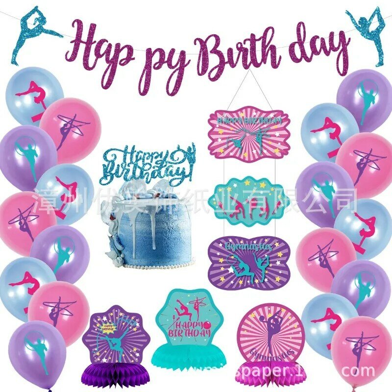 Ginástica Tema Decoração Set para Meninas, Balões, Bolo Topper, Cenas Esportivas, Decoração de Festa, Happy Birthday Banner