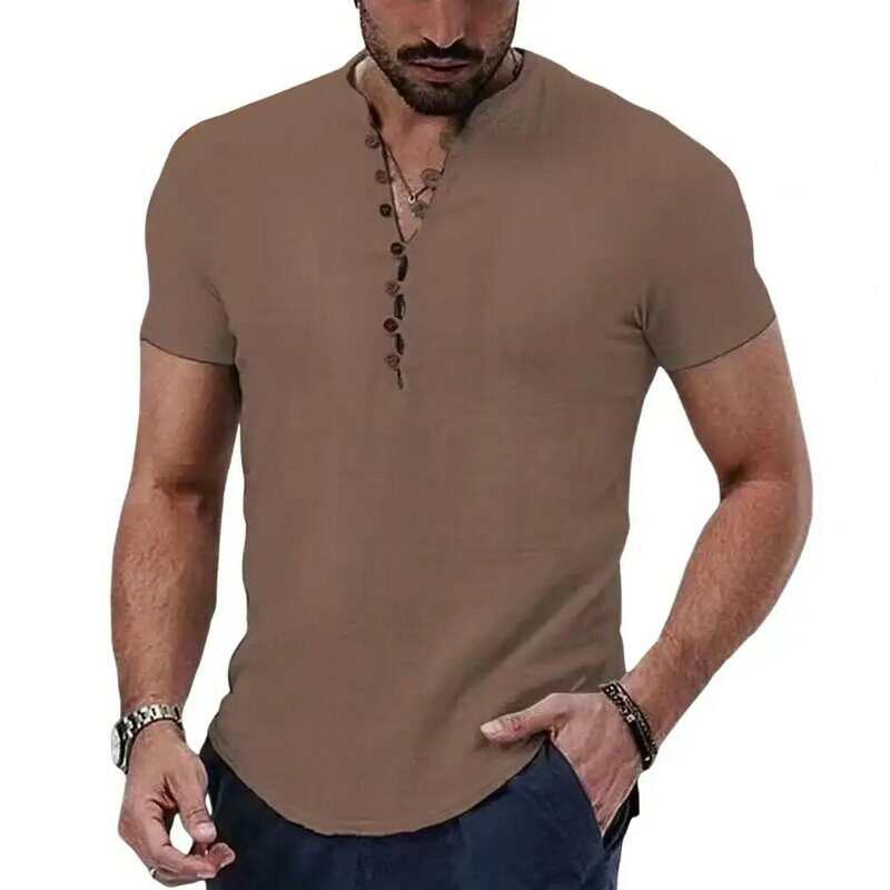 T-shirt à manches courtes pour hommes, chemise en coton et lin, haut boutonné décontracté, vêtements respirants pour hommes, été