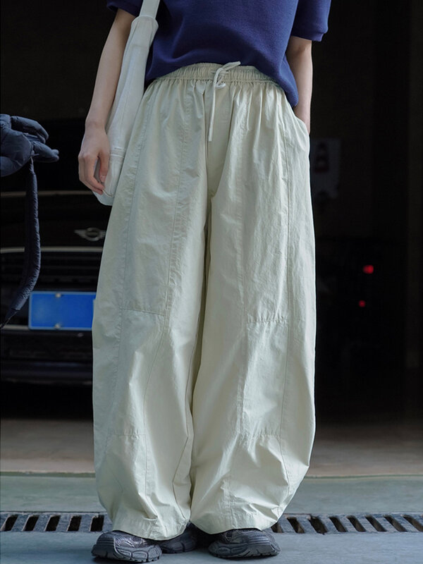 [LANMREM] celana longgar desain tali untuk wanita celana panjang kaki lebar Wiast tinggi pakaian gaya Korea 2024 musim panas baru 26D8616