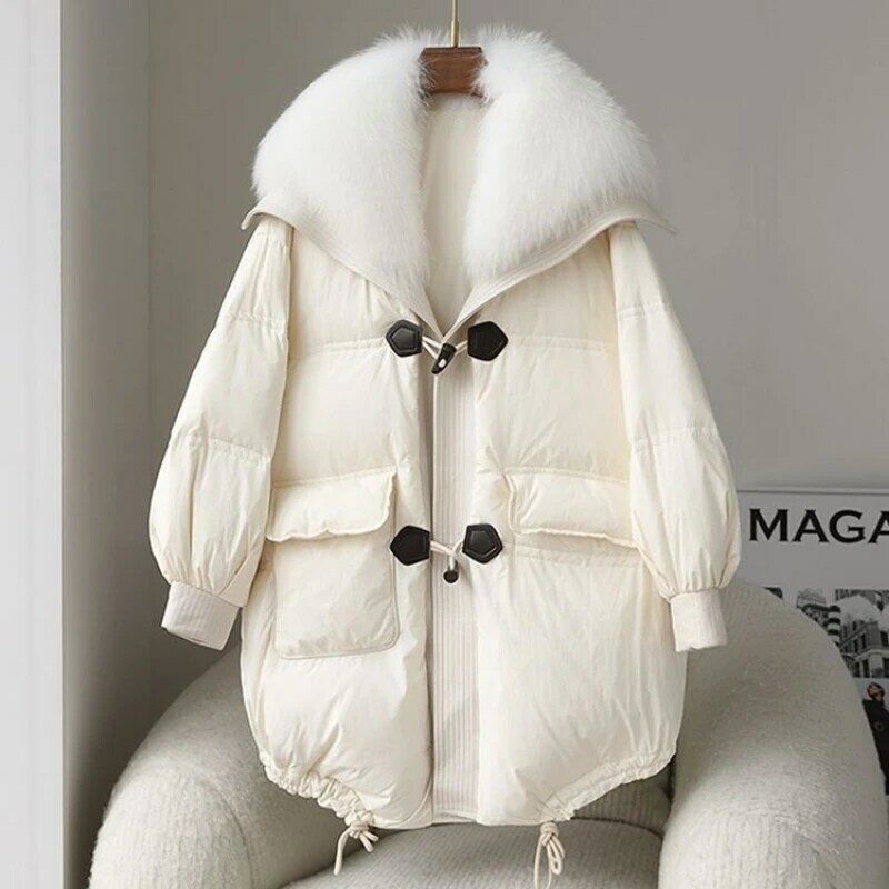 Mantel bulu angsa imitasi untuk wanita, mantel kancing musim dingin dengan tanduk sapi, mantel panjang Medium, mantel bulu rubah imitasi gaya baru