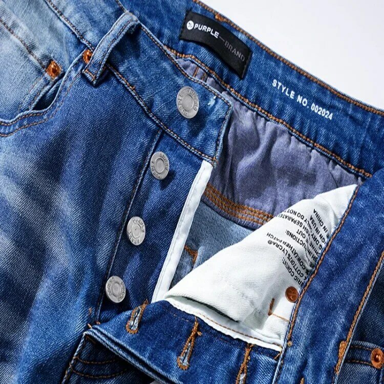 High qualityPurple brand 2024 Street Denim Light Blue Straight Leg Ribbed Slim Fit Vintage Jeans