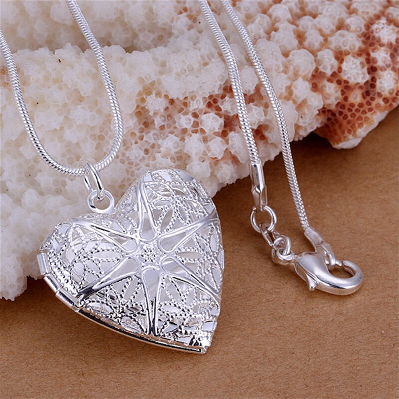 Fine Silver color Photo Frame Pendant Necklace Chain For Woman Charm Wedding Fashion Jewelry