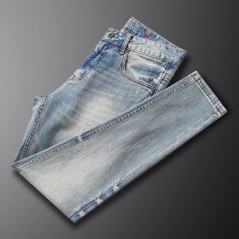 Włoski styl modne dżinsy męskie Retro sprany niebieski elastyczny Slim Fit porwane jeansy mężczyzn spodnie w stylu Vintage projektant spodnie dżinsowe Hombre
