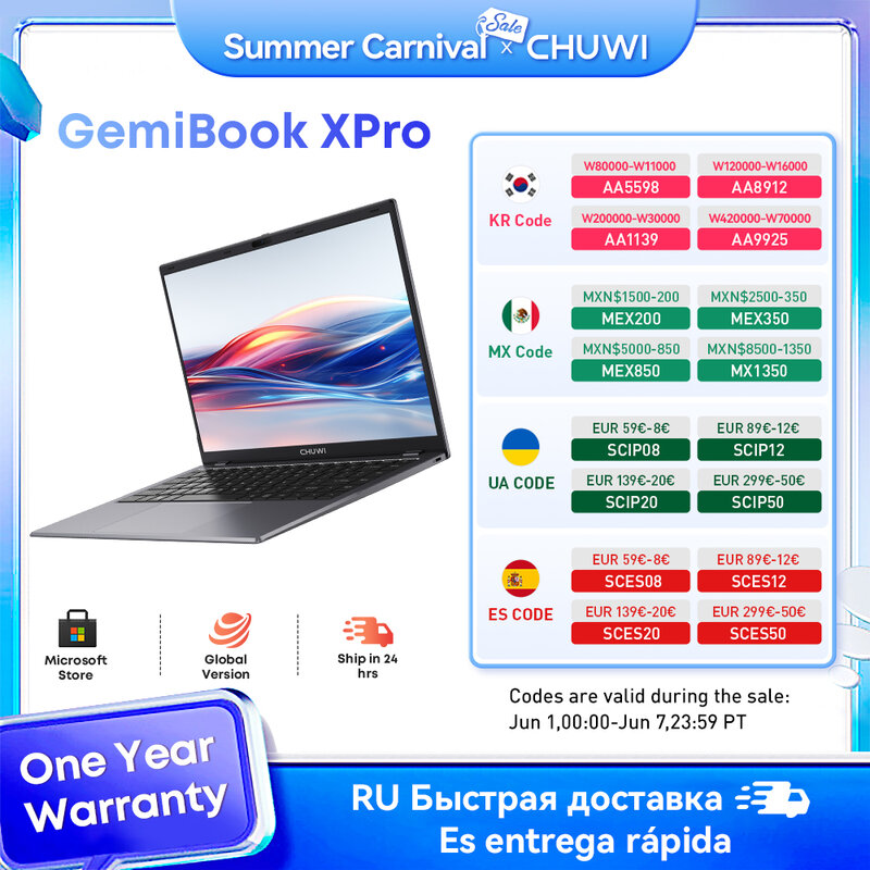 Ноутбук CHUWI GemiBook XPro Intel N100, ноутбук 14,1 дюйма, Windows 11, 8 ГБ ОЗУ 256 Гб SSD,Intel Alder Lake N100 (до 3,4 ГГц)