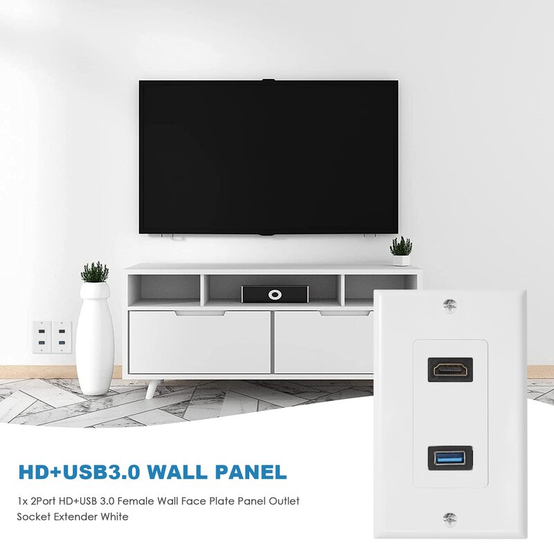 HDMI e USB 3.0 painel placa de parede fêmea, soquete extensor, extensor branco, 2 portas
