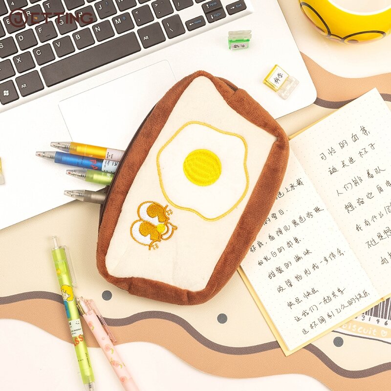 Cute Toast Pizza Bread Pencil Case Hamburger Cosmetic Bag Large Capacity Plush Pen Pouch Storage Bag Office Stationery Supplies