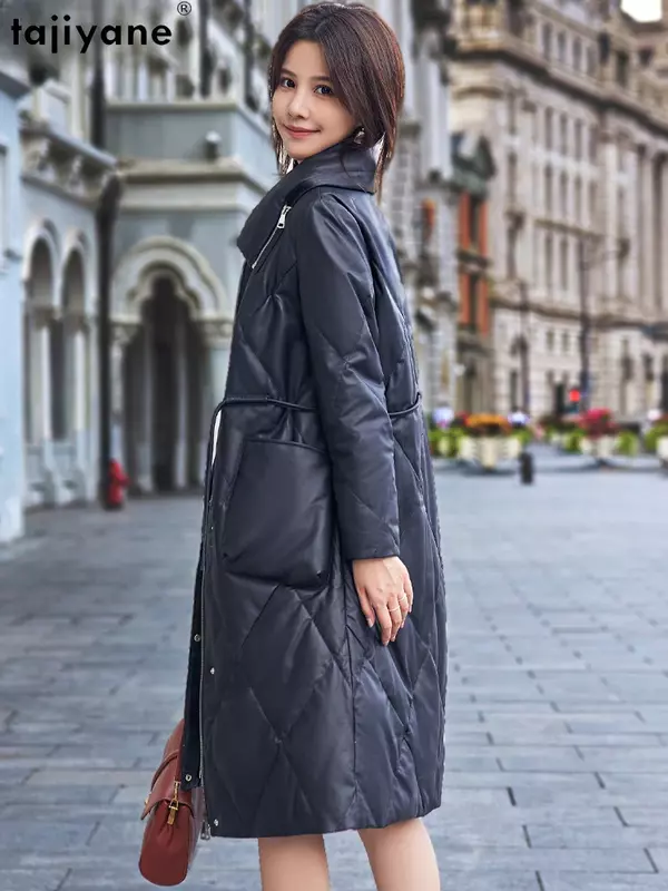 Tajiyane-jaqueta genuína de couro de carneiro para mulheres, jaquetas de couro real de comprimento médio, casacos quentes de alta qualidade, finos, inverno, 2023