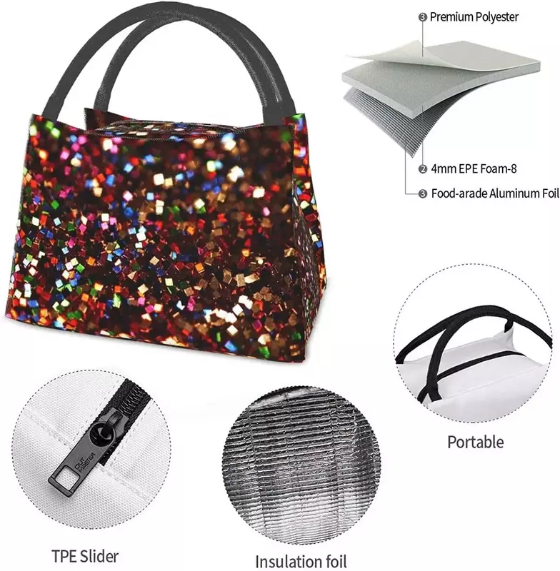Portable Insulated Lunch Bag Sparkle Psychedelic Abstract Glitter Thermal Tote Bento Bag for Office School Hiking Beach Picnic