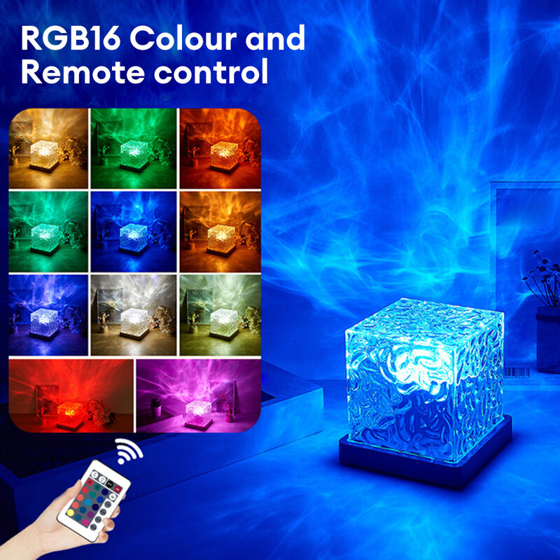 Lámpara de cristal USB, proyector de ondulación de agua, luz nocturna, lámpara de atmósfera cuadrada, Control remoto, luz de atardecer, RGB, luz decorativa para el hogar