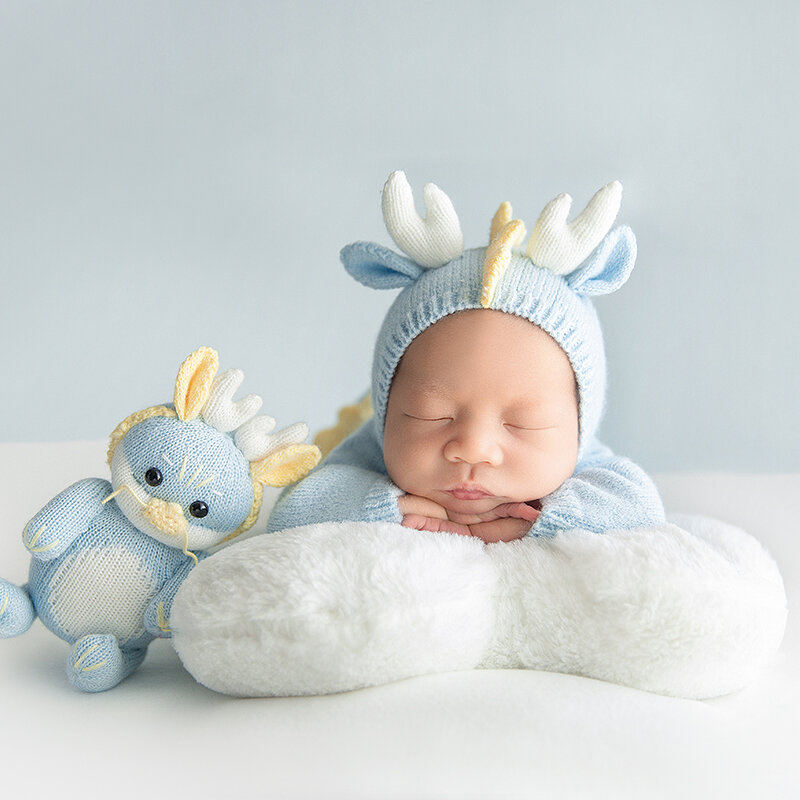 Lichtblauwe Draak Baby Fotografie Kleding, Infiant Zonnebloem Kussen Foto Prop, Voor Pasgeboren Studio Schieten Pose Accessoires