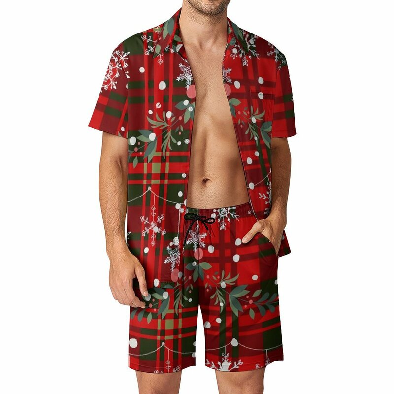 Kerst Sneeuwvlok Strand Heren Sets Rode Geruite Print Casual Shirt Set Zomer Grafische Shorts 2 Stuk Nieuwigheid Pak Plus Size