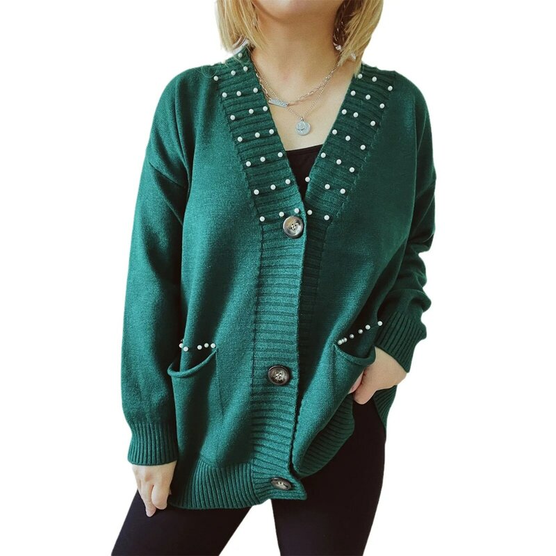 Cárdigan de punto con bolsillo de un solo pecho, suéter suelto hecho a mano, perla, Color sólido, otoño e invierno, 2024
