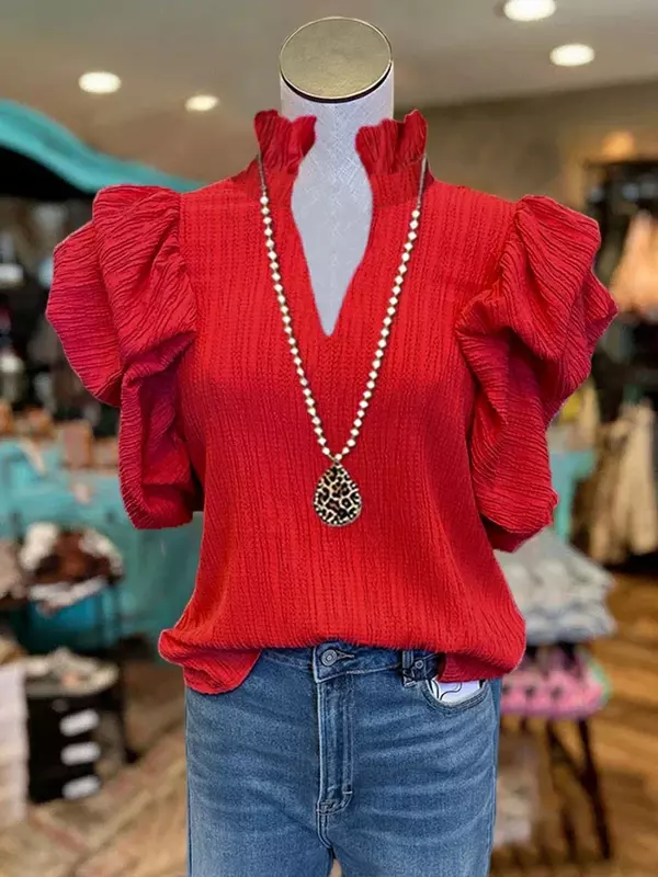 Textured Puff Sleeve Ruffled V-neck Top Solid Ribbed T-Shirt Casual Puff Sleeve Blouses For Spring & Summer