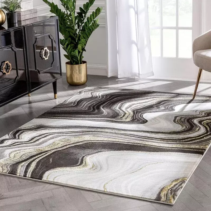 Well Woven Werrick Grey & Gold Striated Marble Pattern Rug 8x10 (7'10" x 9'10")