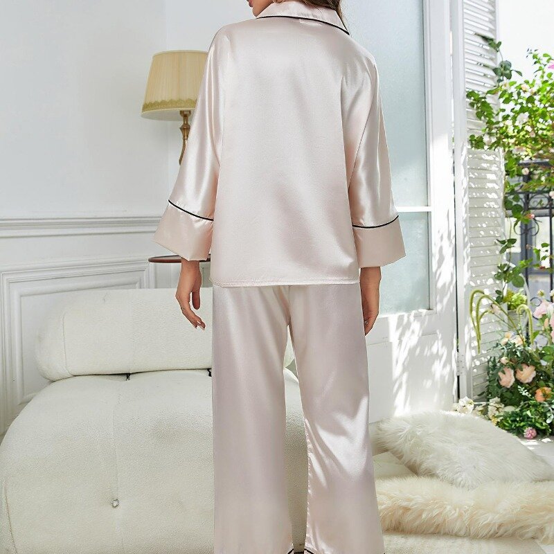 WPTCXH Fashion Autumn Winter European Style Loungewear Satin Face Lapel Pajamas Women Long Sleeves Long Trousers Home Wear Set