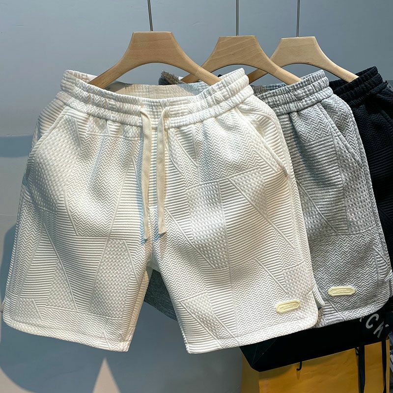 Calça curta esportiva de jogging casual masculina, padrão ondulado, monocromática, short de verão, cordão solto seco, esportes de ginástica