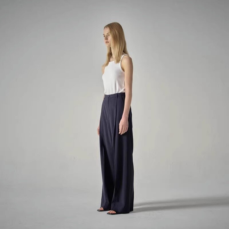 Luksusowe marki spodnie dla kobiet wzór w paski proste nogawki do połowy talii 2023 wiosenno-letnie modne nowe rekreacyjne spodnie