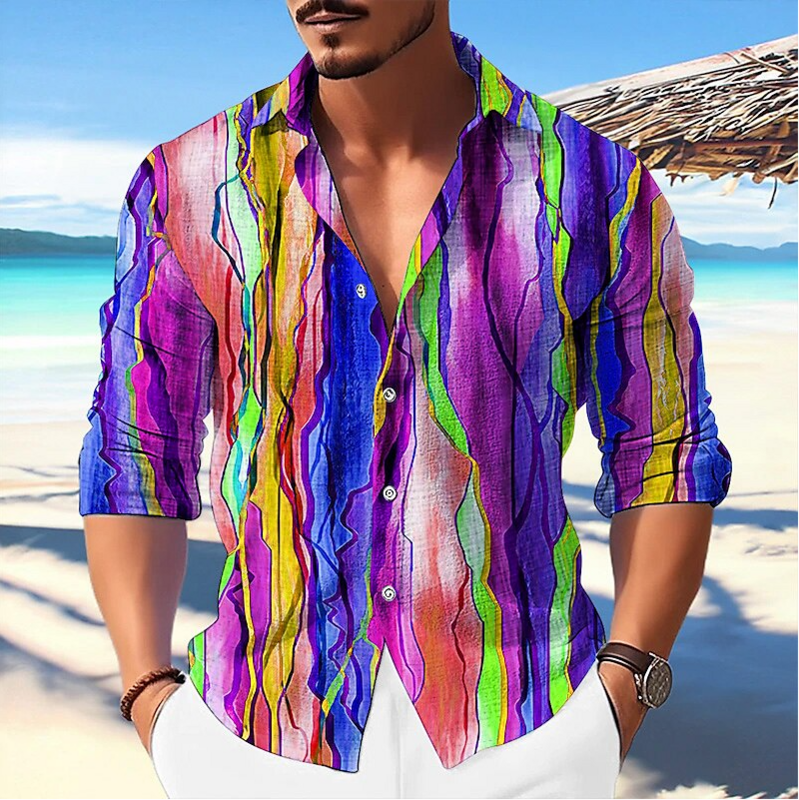 2024 남성용 다채로운 스트라이프 3D 파티 셔츠, 고품질 소재, 금실 라펠, 파란색 보라색 녹색 빨간색 야외 거리