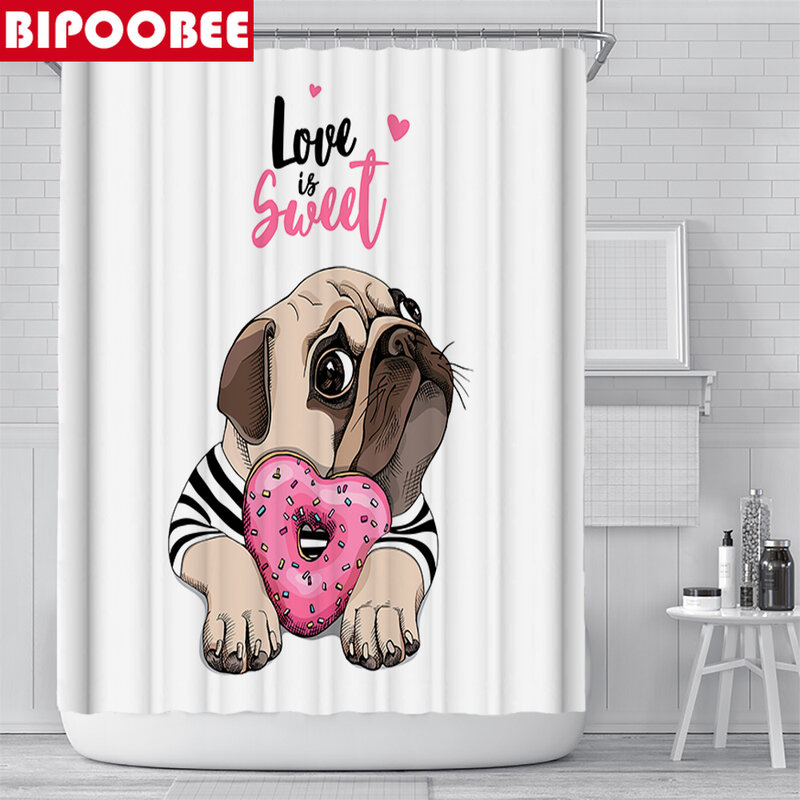 Cute Pug Print Bathroom Curtains Waterproof Polyester Fabric Shower Curtain Bath Mat Sets Anti-skid Rugs Carpet Toilet Lid Cover