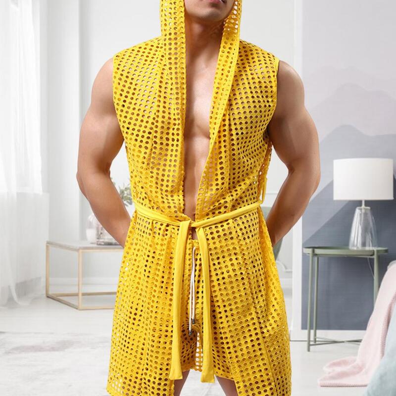 Мужская Ночная рубашка с капюшоном, Сексуальная мужская ночная рубашка с сеткой, мужской сексуальный сетчатый халат на шнуровке, летняя одежда для отдыха без рукавов