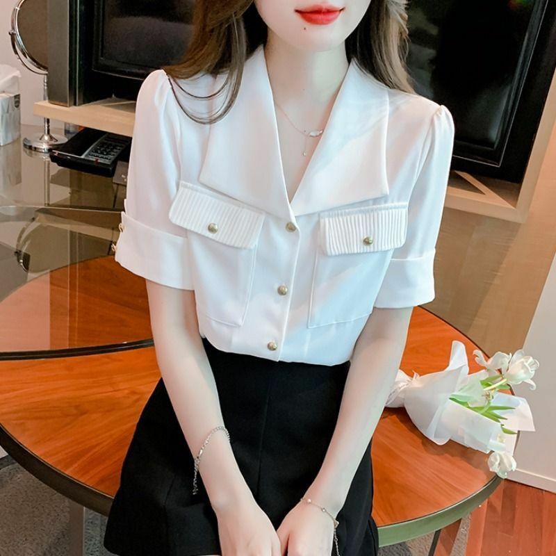 Fashion Lapel Short Sleeve Chiffon Blouses Women's Summer 2024 New Commuter Solid Color Spliced Pockets Single-breasted Shirts